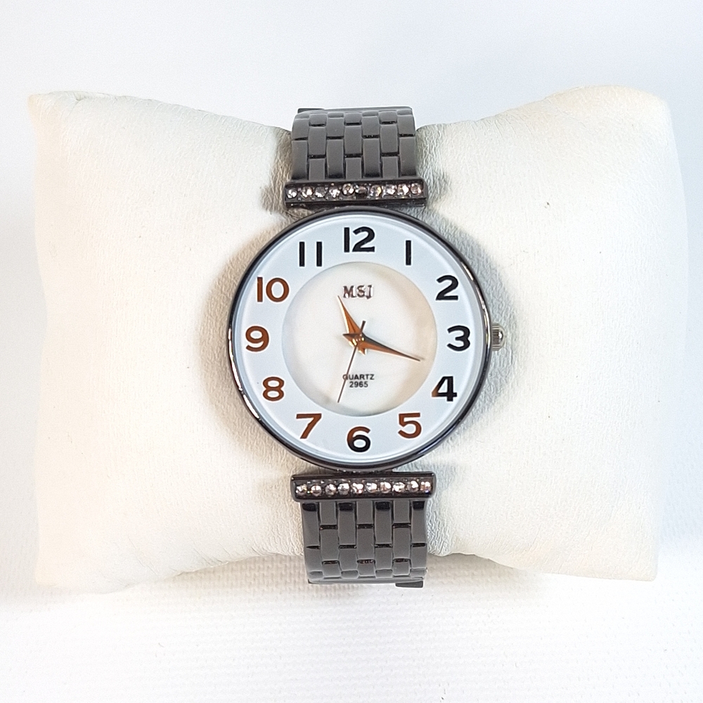 MSJ Quartz Gun Metal Cuff Bangle Wrist Watch, New Battery